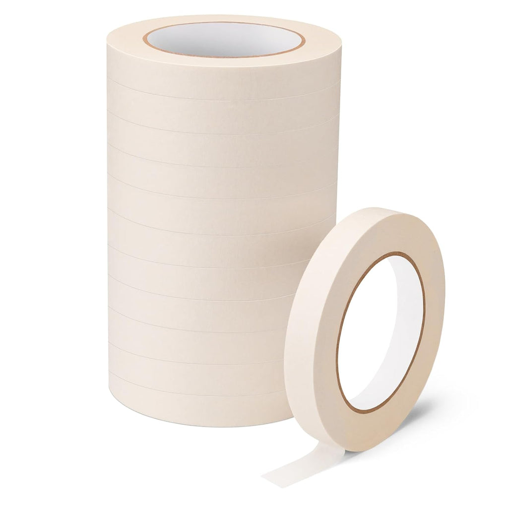 White Masking Tape 12 Pack, General Purpose Painter's Tape 0.7inch x 60yard, 720 Yards Total, Beige Crepe Paper Tape for Painting, Labeling, Packing, Craft, Art
