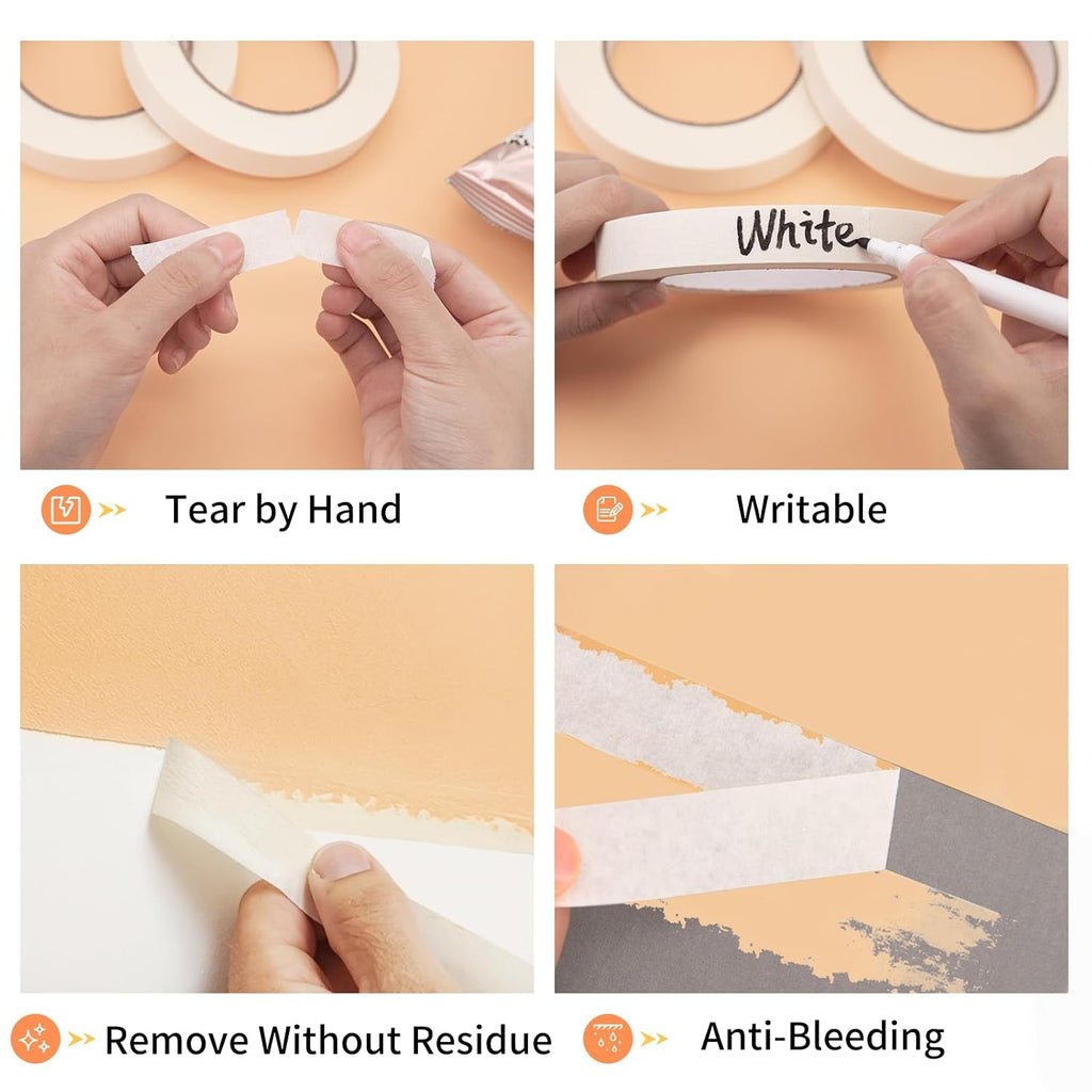 White Masking Tape 3 Pack, General Purpose Painter's Tape 0.7inch x 60yard, 180 Yards Total, Beige Crepe Paper Tape for Painting, Labeling, Packing, Craft, Art