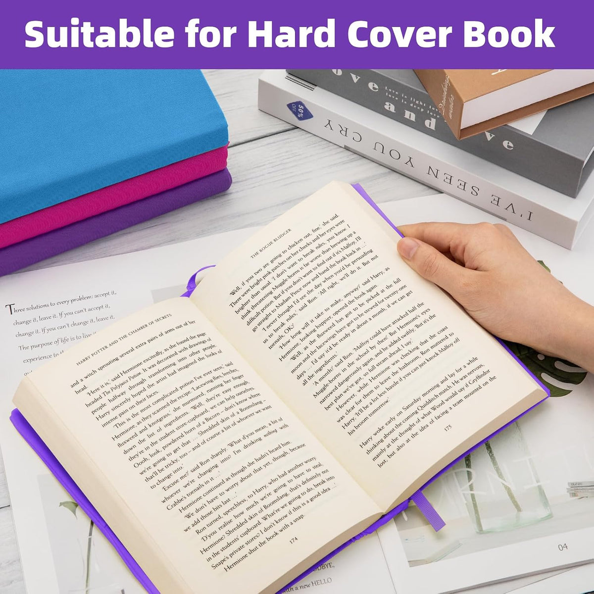 Purple Fabric Book Cover for Hardcover, 1 Pack, 6x9 Inch, Up to 8.5”x9.5”, Adjustable School Book Sleeve Protector for Teens, Stretchable Decorative Cloth Book Sox for Book Lovers